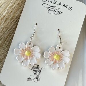 White Daisy Drop Earrings with Pastel Pink Center